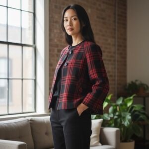 LARRY LEVINE‎ Red Black Tartan Plaid Cropped Blazer Ladies Jacket Holiday Office